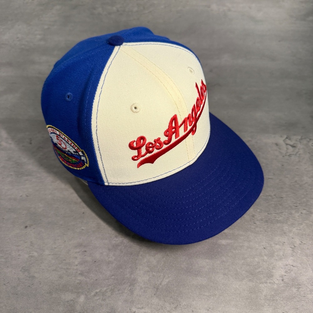 New Era Los Angeles Dodgers Hat 7 1/8 Cream Red Spellout Cooperstown Throwback
